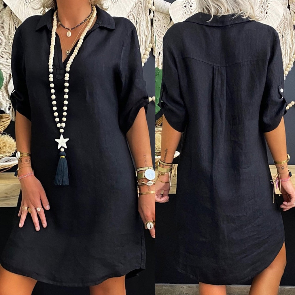 Fashion Long Blouses Women Clothes Solid Color Cotton Linen Turn Down