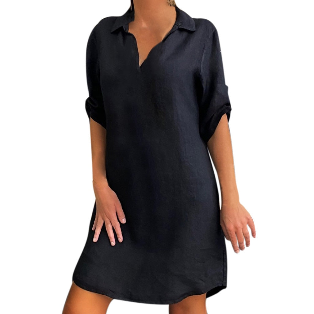 Fashion Long Blouses Women Clothes Solid Color Cotton Linen Turn Down