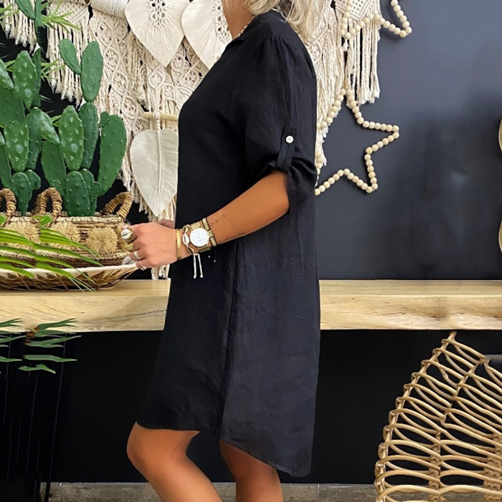 Fashion Long Blouses Women Clothes Solid Color Cotton Linen Turn Down